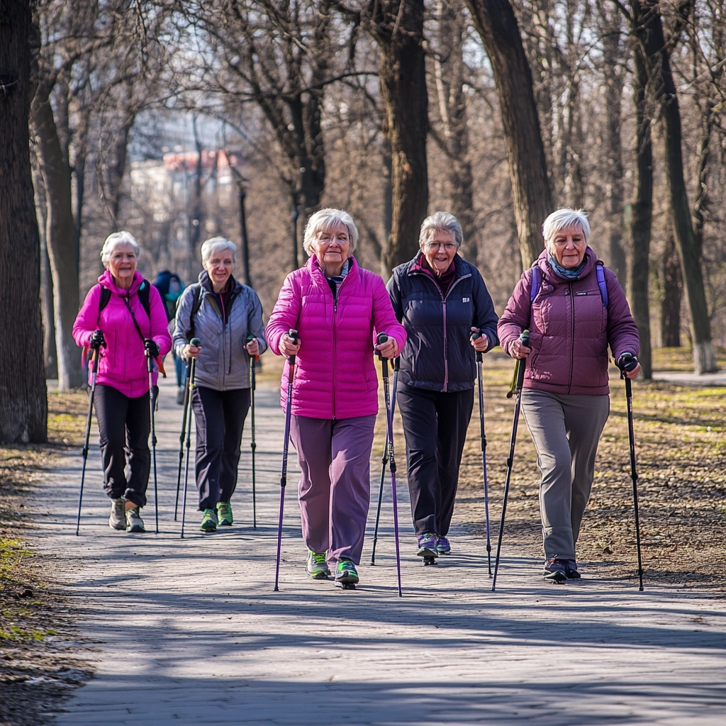 Пенсіонери займаються скандинавською ходьбою в парку