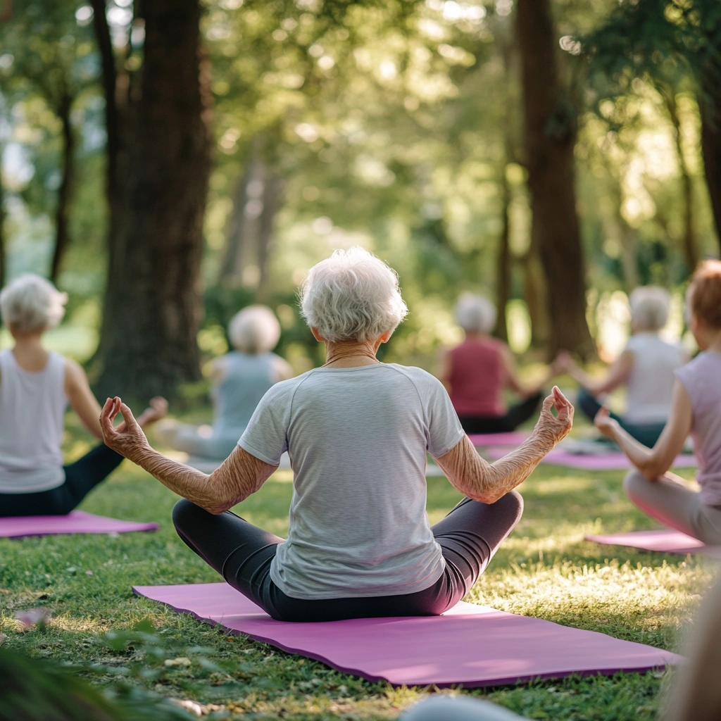 Група пенсіонерів займається йогою у парку